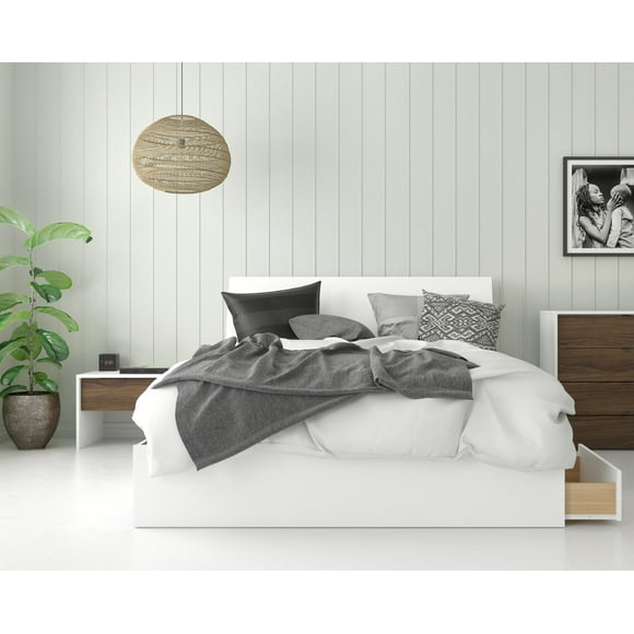 Nexera 402164 3-Piece Bedroom Set With Bed Frame, Headboard & Nightstand, Queen|White & Walnut