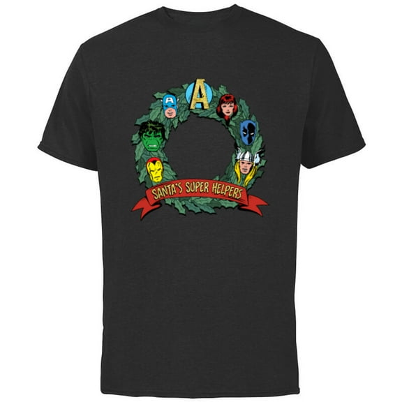 Marvel Avengers Santa’s Super Helpers Faces Retro Holiday - Short Sleeve Cotton T-Shirt for Adults - Customized-Black