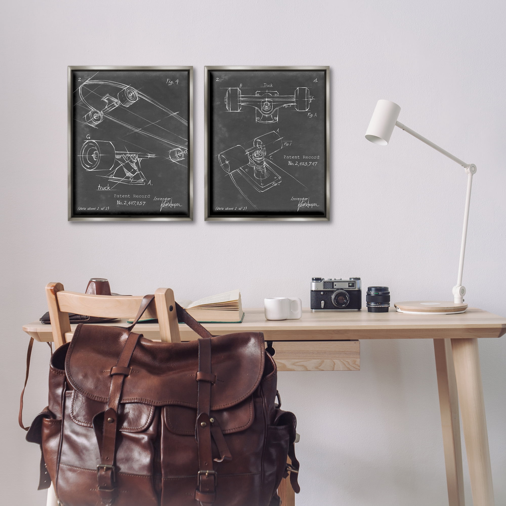 Stupell Industries Patent Diagram of Skateboard Sports Painting Gray Floater Framed Canvas Art Print Wall Art, 17 x 21, Set of 2
