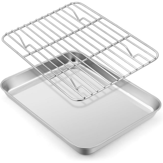 Fafa-petit Plateau de Four Grille-Pain en Métal avec Support, Plaque de Cuisson 9.4”X7.3” avec Support de Refroidissement en Fil d'Acier Inoxydable, Ustensiles de Cuisson Compacts Non Toxiques pour Four Grille-Pain - Lavable au Lave-Vaisselle