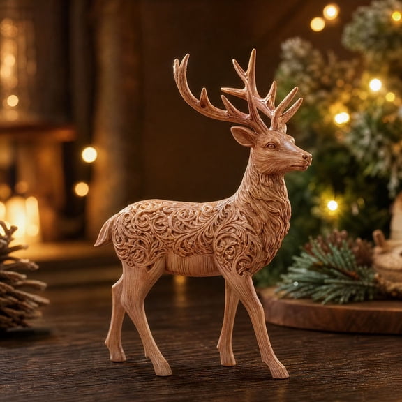 Eolstice Wood Carved Style Christmas Reindeer Resin Figurine, Festive Tabletop Holiday Decoration for Home Office, Xmas Shelf Mantel Display Ornament