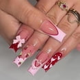 thumbnail image 2 of Press on Nails Long Square Fake Nails Glossy Glue on Nails Pink French Tip Acrylic Nails Strawberry Heart Squoval Artificial Nails Cute Bow Pearl Stick on False Nails with Design 24 pcs, 2 of 4