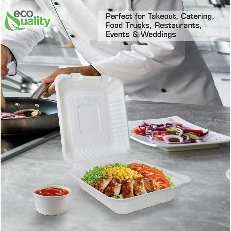 Compostable 3-Compartment Hinged Clamshell Take Out Food Containers  9x9x3,Heavy Duty Quality Square Disposable to go Containers, Eco-Friendly  Takeout