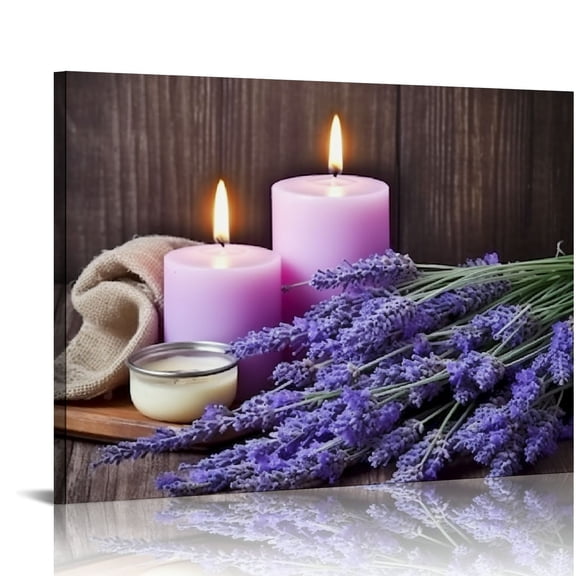 ARISTURING Lavender Bathroom Wall Decor Purple Flower Canvas Wall Art Rustic Floral and Candles Pictures Print Spa Bedroom Decor