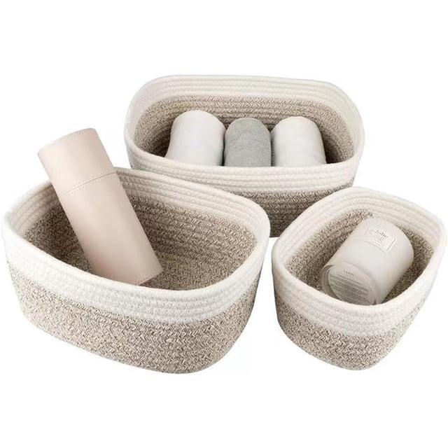 3 Cesta de almacenamiento tejida, caja de almacenamiento de baño de cuerda de algodón tejida, juguetes para el hogar cesta de almacenamiento ovalada