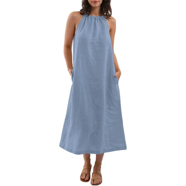 Kaemgyyd Robes à Col Licou pour Femmes Été Sans Manches Robe d'Été Décontractée Plage Vacances Fluide Bohème Mi-Longue avec Poches