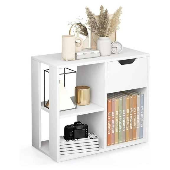 WDZS 3 Cube Bookcase with Drawer, 2 Tier Bookshelf for Small Space, Modern Freestanding Display Rack with Open Shelves, White Book Case, Wood Cube Storage Organizer Bedroom Living Room