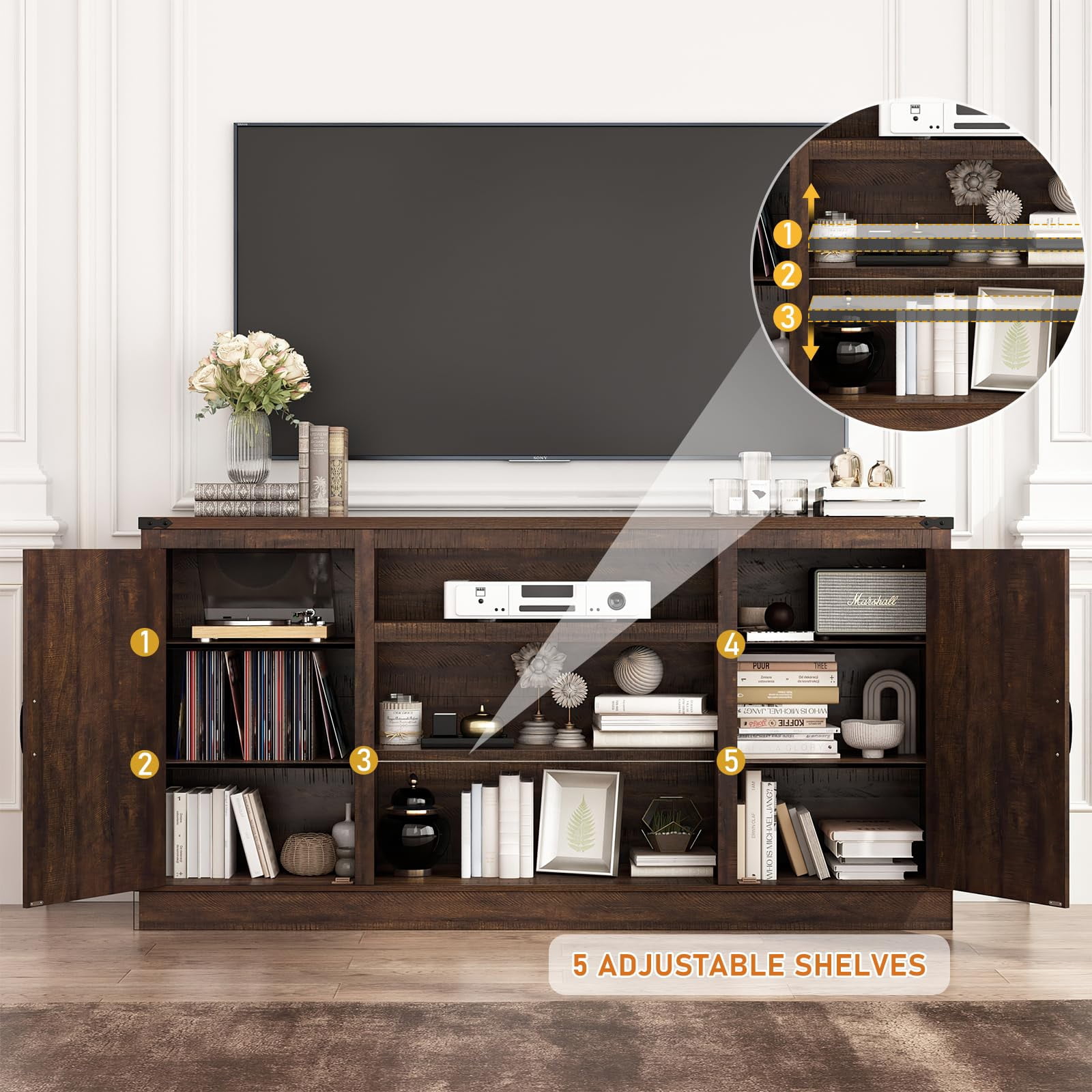 ChVans Farmhouse TV Stand for 65" 70" up 75" TVs with Power Outlet, 33" Tall TV Stand Entertainment Center with Storage, Brown TV Consoles for Living room Bedroom
