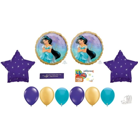 Aladdin Jasmine Party CORNET Supplies Featuring Aladdin Balloons, Jasmine Balloons and WGIS We Got It Shop Printed Happy Birthday Ribbon