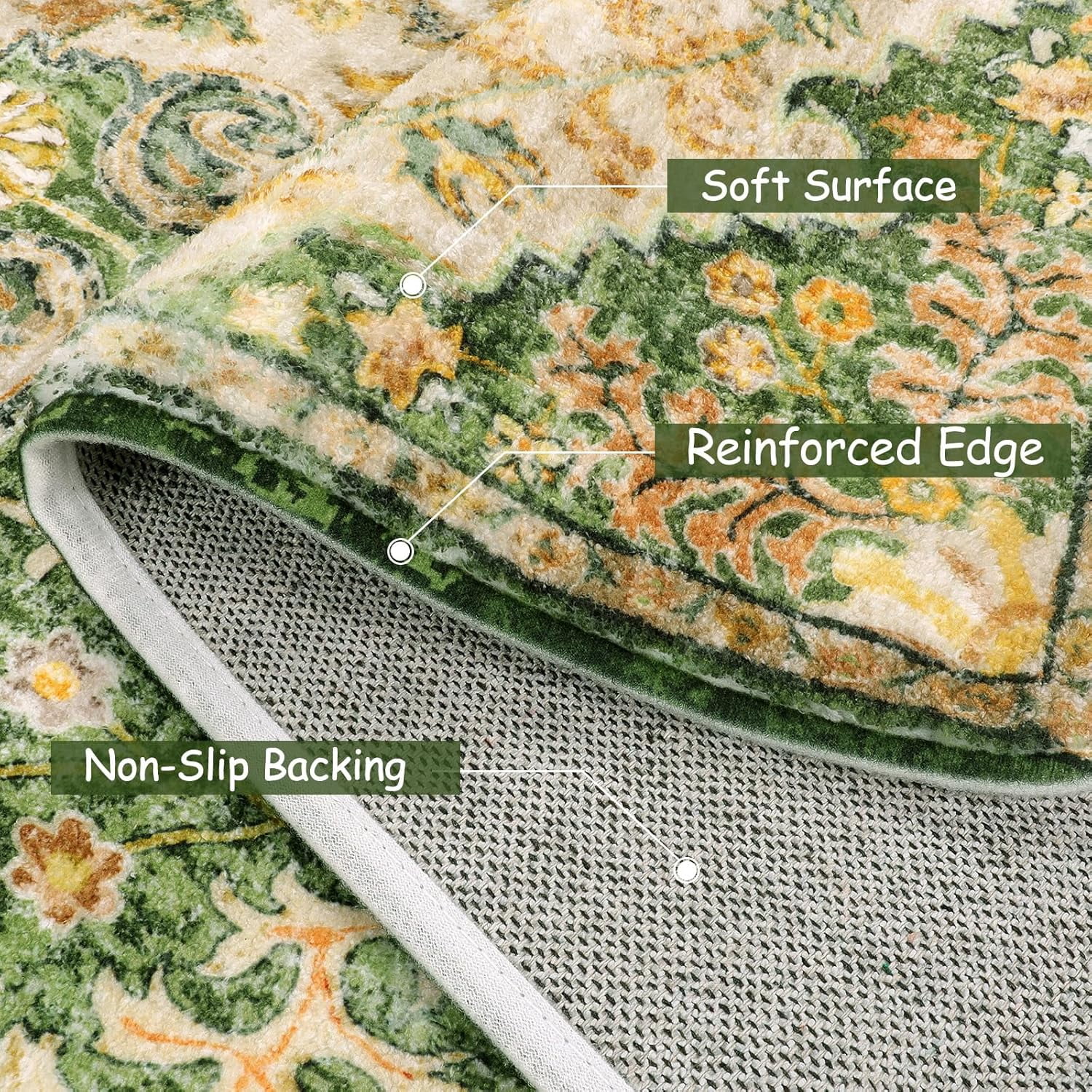 Wonnitar 4'x6' Bohemian Floral Medallion Area Rug,Oriental Distressed Bedroom Rug Country Vintage Faux Wool Indoor Throw Mat Non-Slip Washable Low-Pile Carpet for Bathroom Living Kitchen Laundry Room
