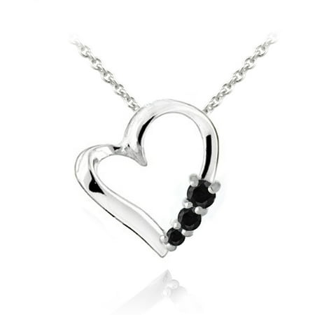 - Sterling Silver Black Spinel Three Stone Floating Heart Necklace
