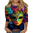 thumbnail image 2 of successthop Mardi Gras Womens Plus Size Tops 3/4 Sleeve Loose with Crew Neck Polyester Casual Mask Printed Mardi Gras Celebrations Blouse Tops for Mardi Gras Event Purple 4XL, 2 of 5