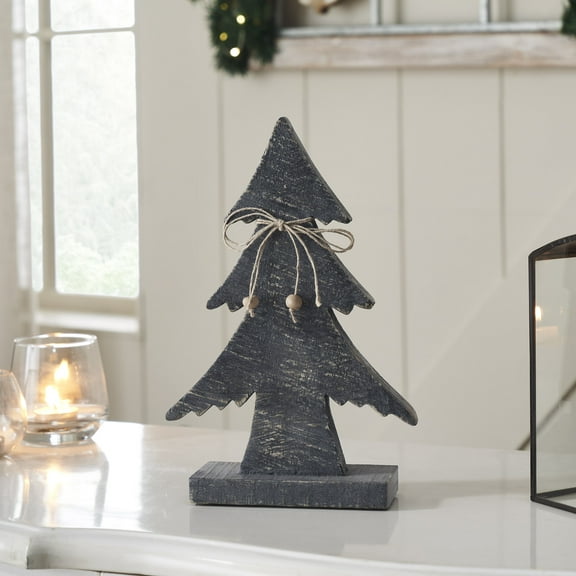 VHC Brands Three-Tiered Pine Distressed Dark Grey Wooden Tree Large 11x7x2.5