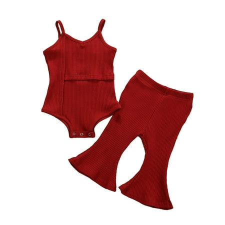 

IROINNID Toddler Girl s Solid Suspender Vest Flared Pants Outfits Set