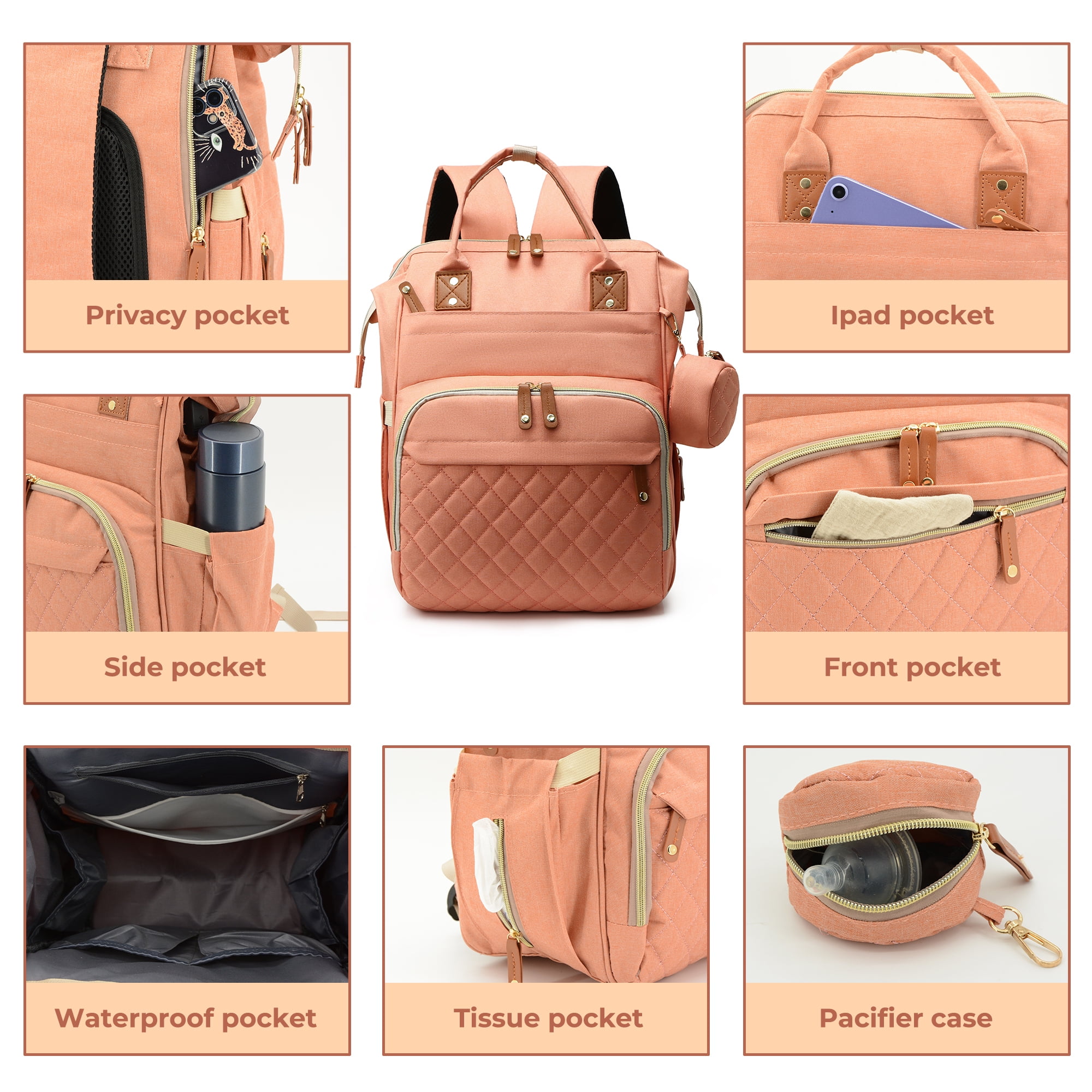 DERSTUEWE Diaper Bag Backpack for Moms – Large Capacity Waterproof Baby Bag with USB Port, Insulated Bottle Pockets & Stroller Straps， Pink