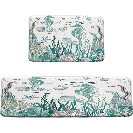 

aoselan 2Pcs Seahorse Kitchen Rug Sets Ocean Plant Beach Area Rugs Coral Underwater Sea Animal Nautical Coastal Funny Marine Life Theme Non-Slip Mat Floor Decor