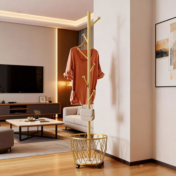 Gold Light Luxury Single Pole Mobile Coat Rack with Basket, Space-Saving, 1 Piece