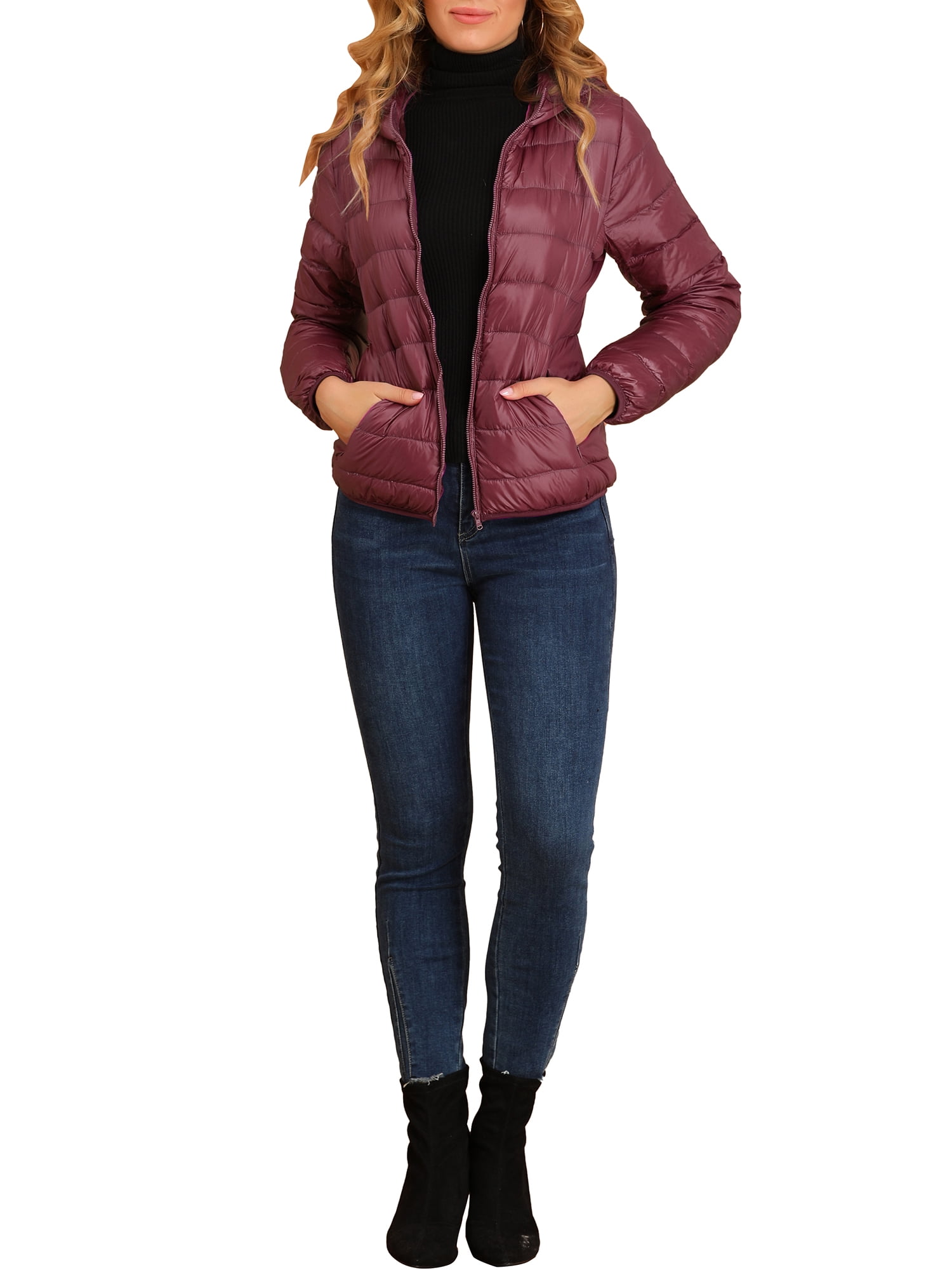 DARING DIVA Women's Hooded Zip Up Short Down Lightweight Jacket L Burgundy