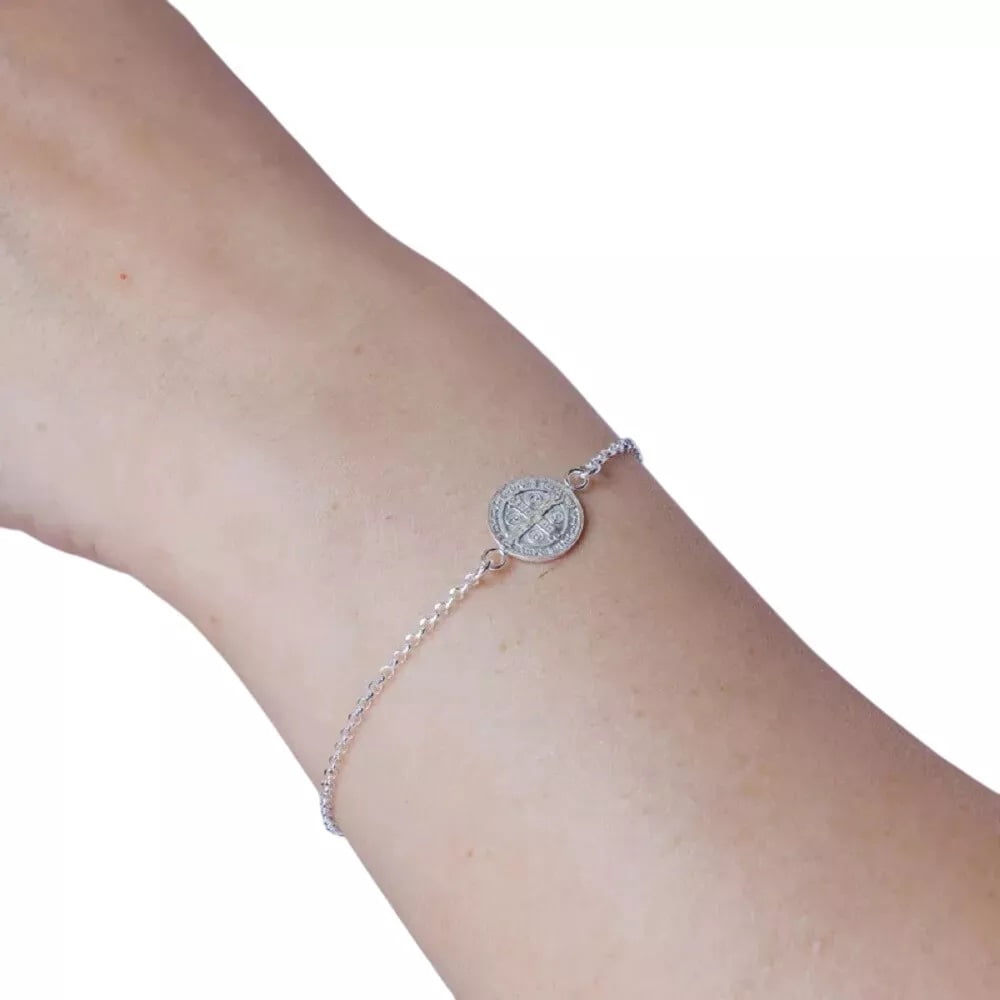Sterling Silver Link Chain Bracelet w/ Saint Benedict Double Sided Charm