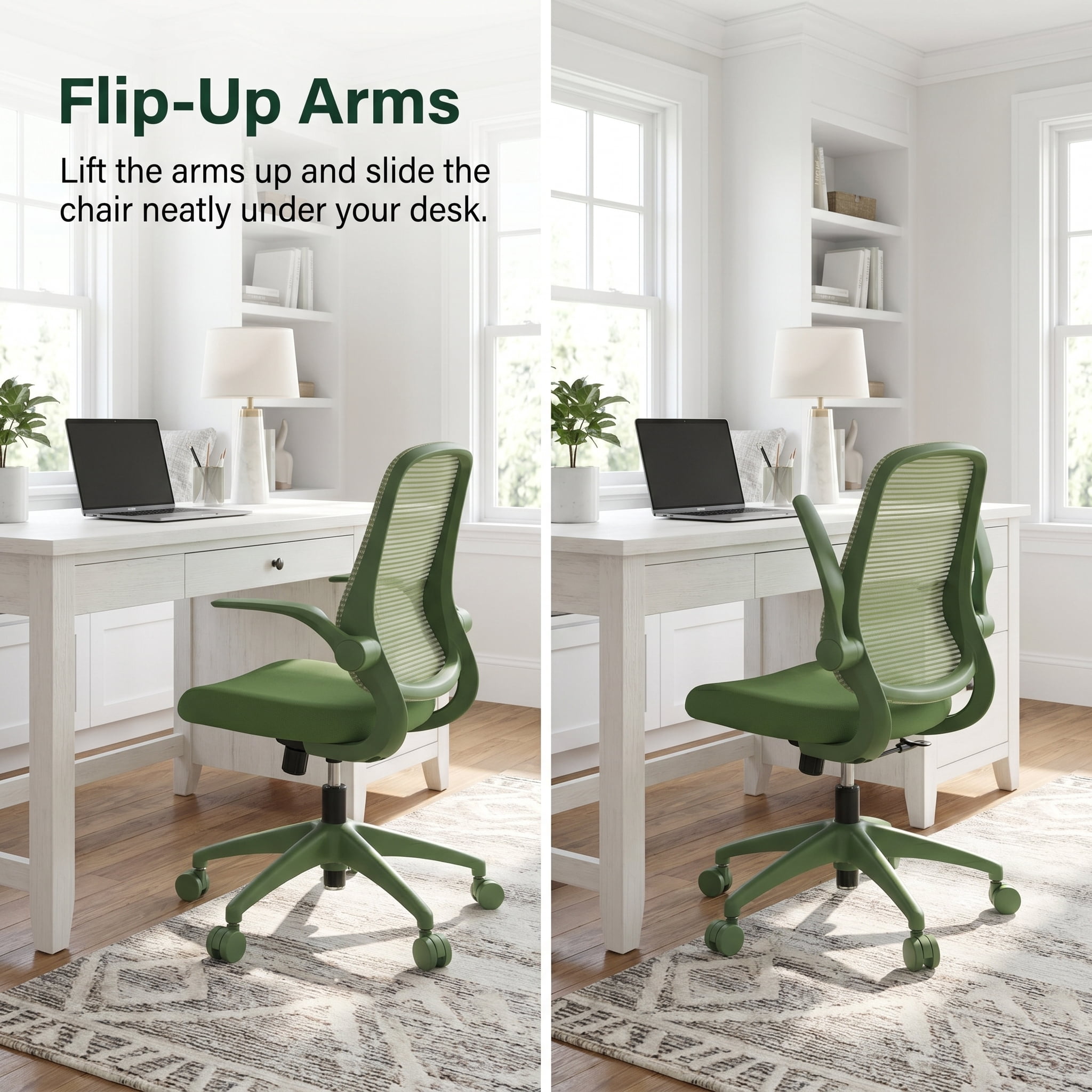 Homy Casa Green Mesh Office Chair with Flip-Up Arms, Ergonomic Swivel Desk Chair for Home Office