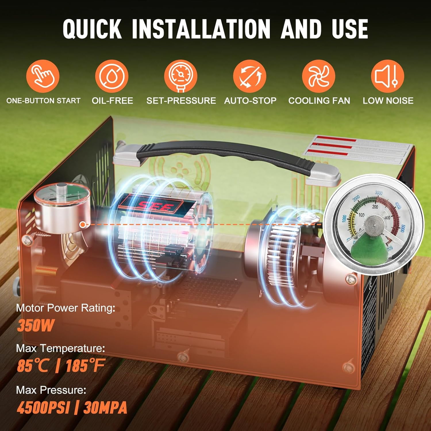 PCP Air Compressor, Max 4500 PSI / 300 Bar, Fast Fill for Airguns or Paintball Tank, Auto Shut-Off, Dual Power Car 12V DC or Home 120V AC, Built-in Cooling Fan, Portable Pcp Pump(Auto-Stop)