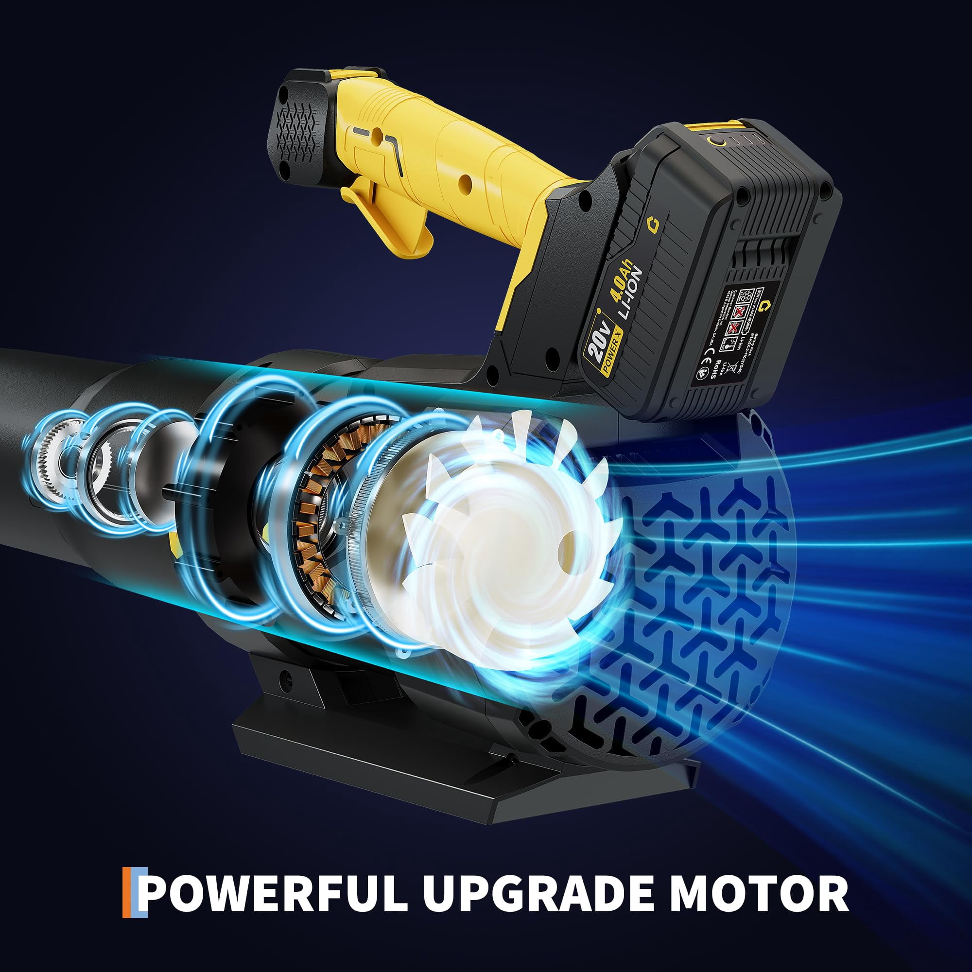 20 v Cordless Leaf Blower, 350 CFM Battery Blower with 4.0 Ah Battery & Charger, 250 w Portable Lightweight Leaf Blower for Driveway, Patio Lawn & Yard Cleaning - Yellow