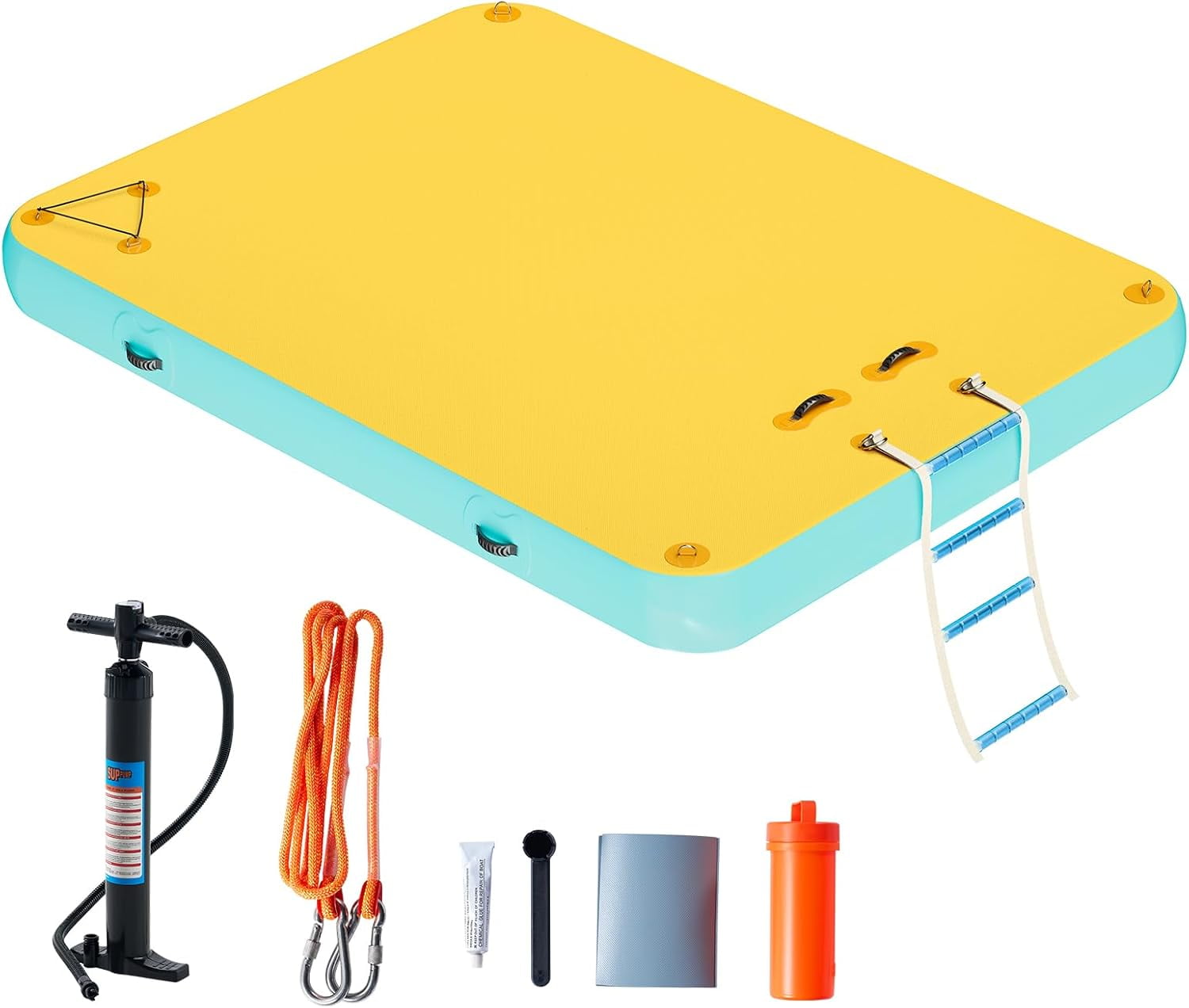 Jocisland 8x6 ft Inflatable Floating Dock with Non-Slip Surface, Detachable Ladder, Multi-Person Swim Platform for Pool, Beach, Ocean, Yellow+Mint Green
