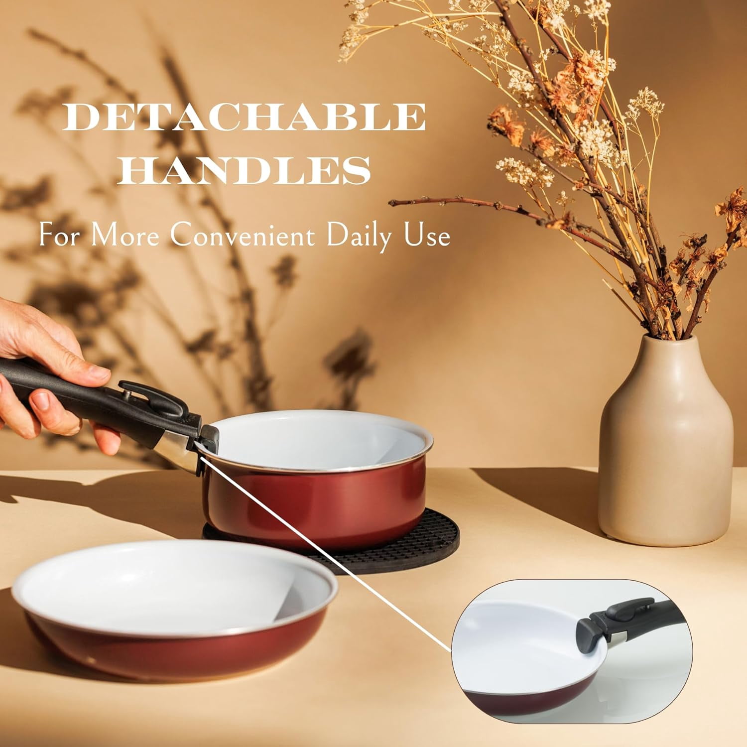 Moss & Stone Aluminum Pots And Pans Set Nonstick, Removable Handle Cookware, Stackable Pots And Pans Set, Dishwasher safe, Induction Pots And Pans, Camping Cookware Set (5 Pcs Burgandy)