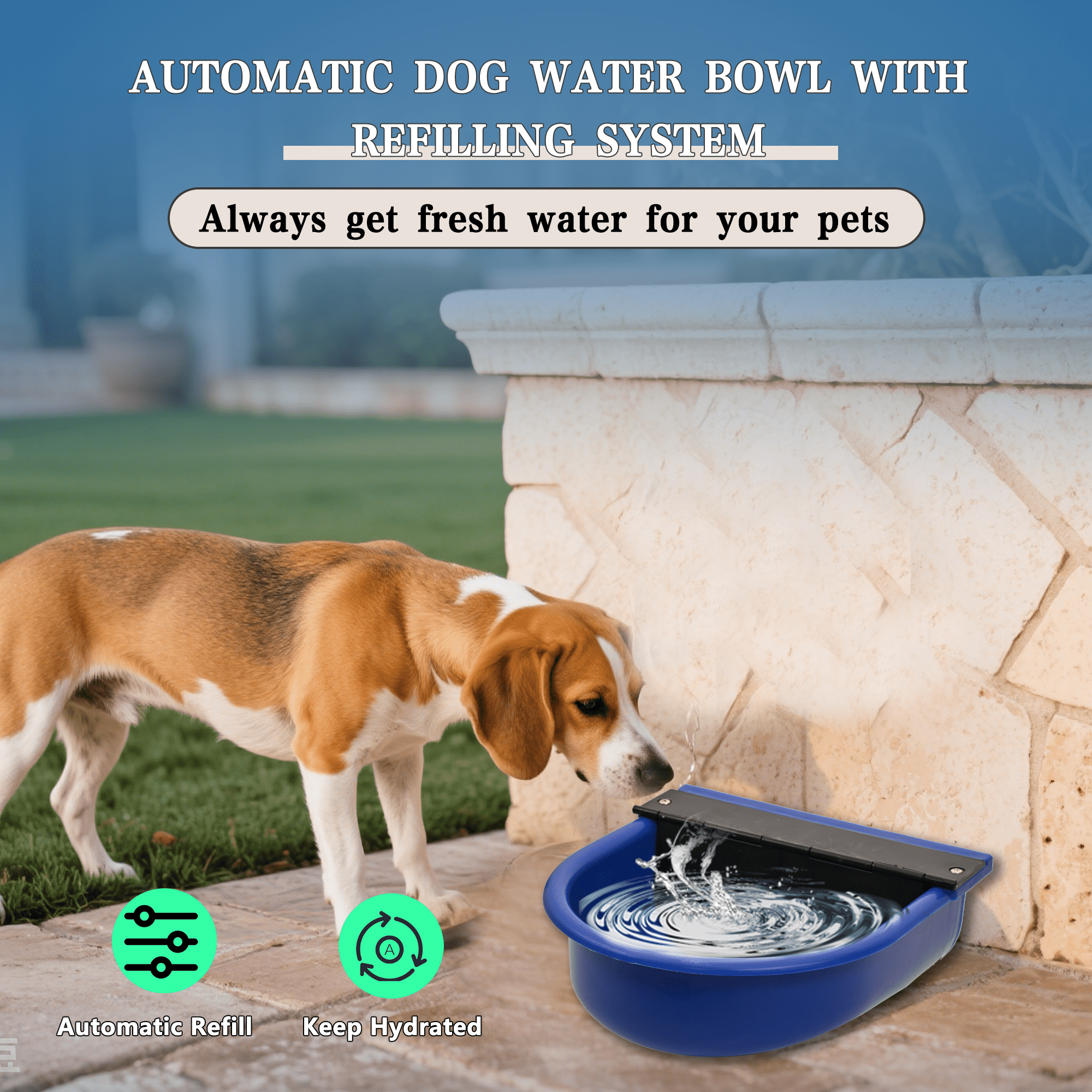 Automatic Water Dispenser for Dogs, Automatic Chicken Waterer with Drain Valve, 1 Gallon Outdoor Auto Livestock Water Bowl with Float Valve, Hose Quick Connector for Horse, Duck, Dig (Blue)