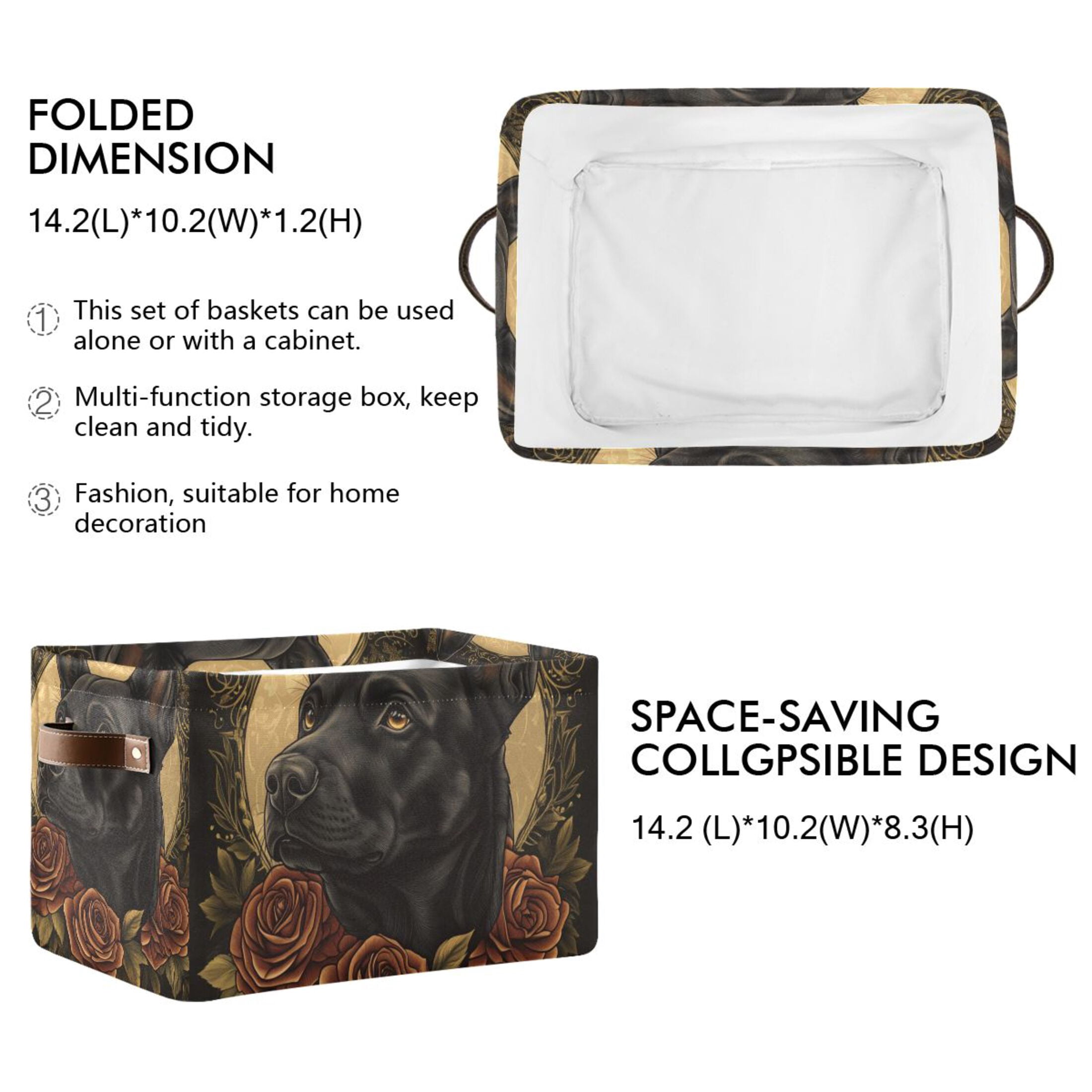WOBOGO The Black Dog with Red Rose Square Storage Basket with Waterproof Canvas and PE Lining Durable PU Leather Handles 14.2×10.2×8.3in