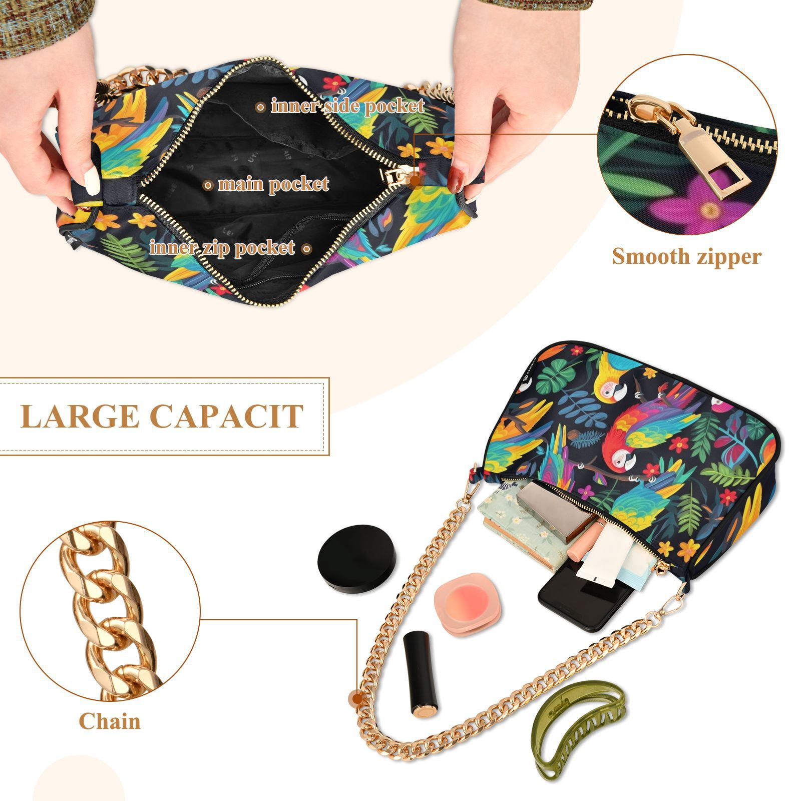 Birds Parrots Leaves FlowersWomen Small Shoulder Bag Crossbody Tote Hobo Bags Purse Clutch Handbags with Chain Strap for Women