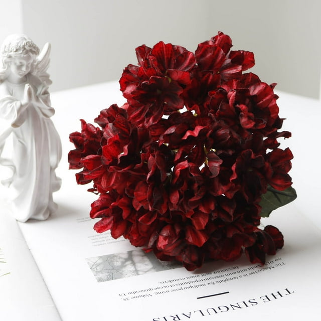 Puntoco Hortensia Con Borde Quemado Retro, Flor De Hortensia Simulada, Arreglo Floral Para El Hogar, Decoración Decorativa Roja Para El Hogar