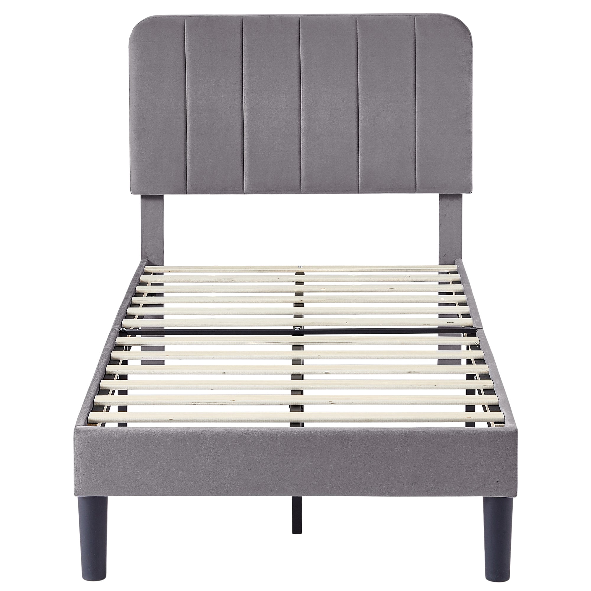 VECELO Twin Size Bed Frame, Upholstered Platform Bed Frame with Adjustable Headboard, No Box Spring Needed, Easy Assembly, Dark Gray
