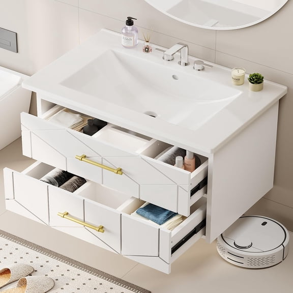 30 inch Bathroom Vanity with Sink Combo, Floating Bathroom Vanity with Ceramic Basin, 2 Large Drawers with Gold Handle, Soft-Close Design, Easy Assembly, White
