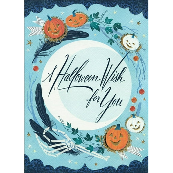 Designer Greetings Pumpkins on Light Blue Around White Crescent Moon Halloween Card