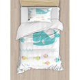 thumbnail image 3 of Whale Duvet Cover Set, Funny Smiling Whale Cartoon with Schoal of Tiny Fish Work of Art, Decorative 3 Piece Bedding Set with 2 Pillow Shams, Queen Size, Yellow White, by Ambesonne, 3 of 3