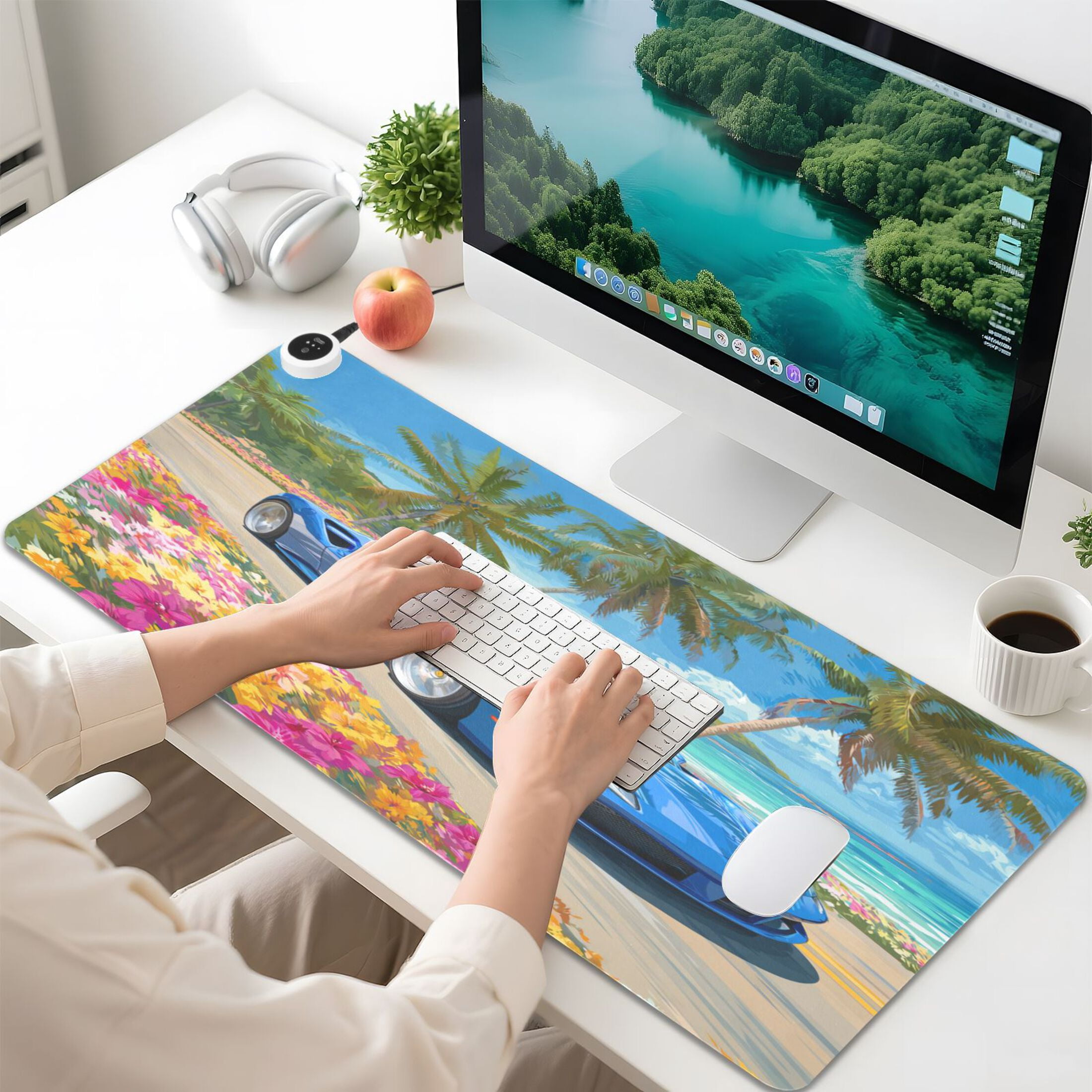 Large Heated Desk Mat Mouse Pad 31.5"x13"PU Leather Graphene Heating Desk Warmer with 3 Temperature Settings 110V US Plug Non-Slip Warm Pad for Home, Office, and Gaming Blue Sports Car by The Beach