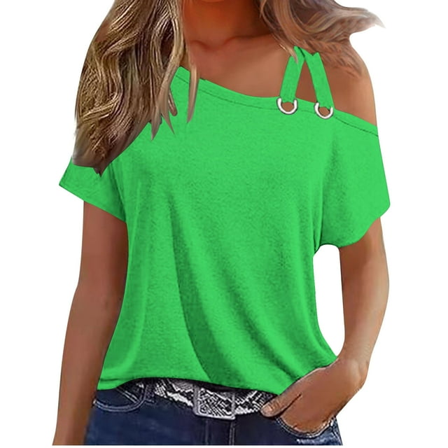 Timegard Hauts d'Été pour Femmes 1 Épaule Manches Courtes Couleur Unie Blouse Confortable Chic Décontractée Hauts Amples