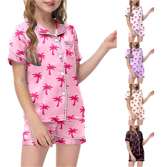 HCYSFG Girls Palm Tree Print Pajama Sets 2 Piece Notch Neck Short Sleeve Lounge Set Button Front Shirt And Shorts Chest Pocket Sleepwear Sets