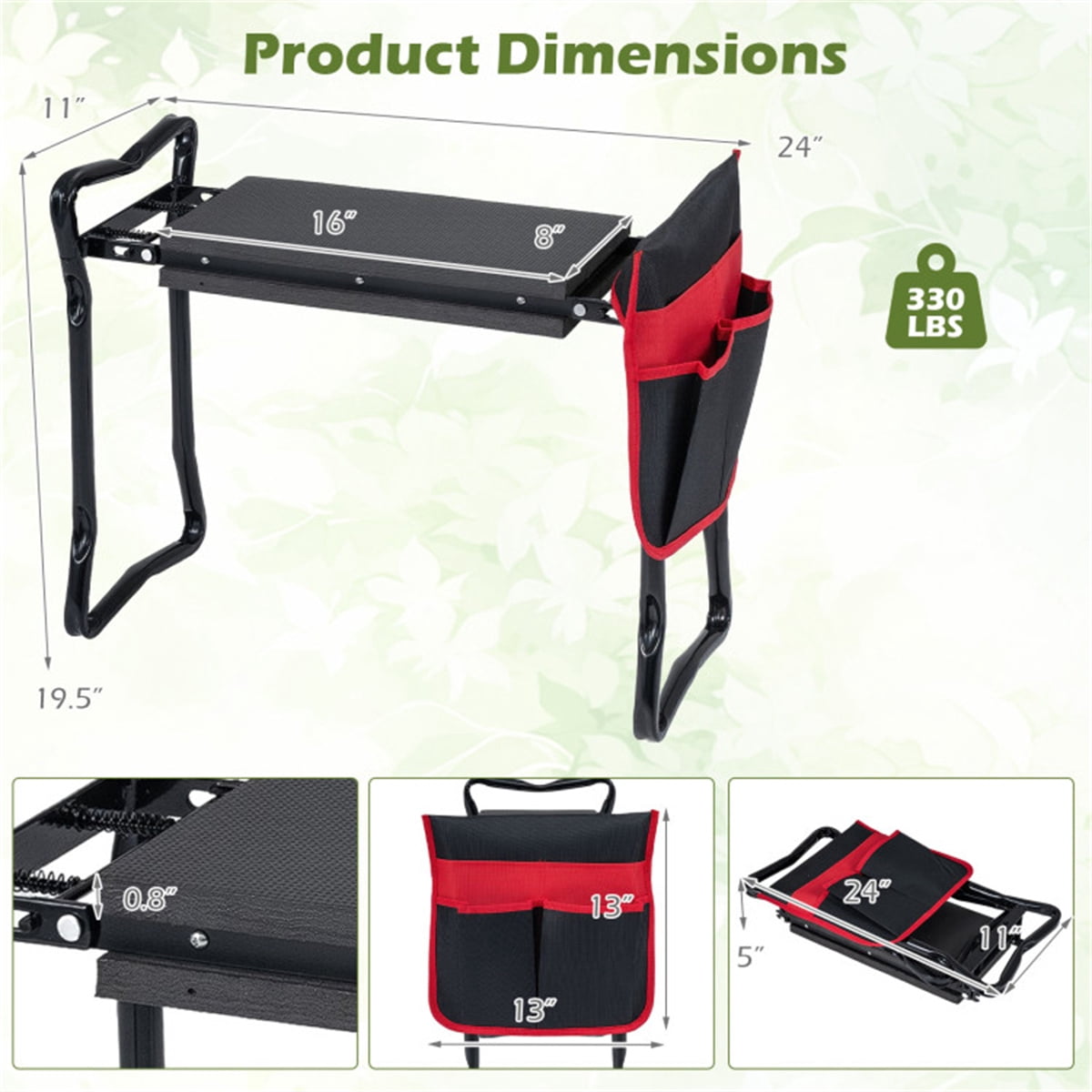 Black Red 2 in 1 Garden Kneeler Folding Stool 300lbs Capacity with Tool Pouch