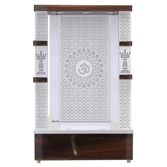 Devyom Pooja White Wooden Mandir with LED Drawer Cabinet Storage