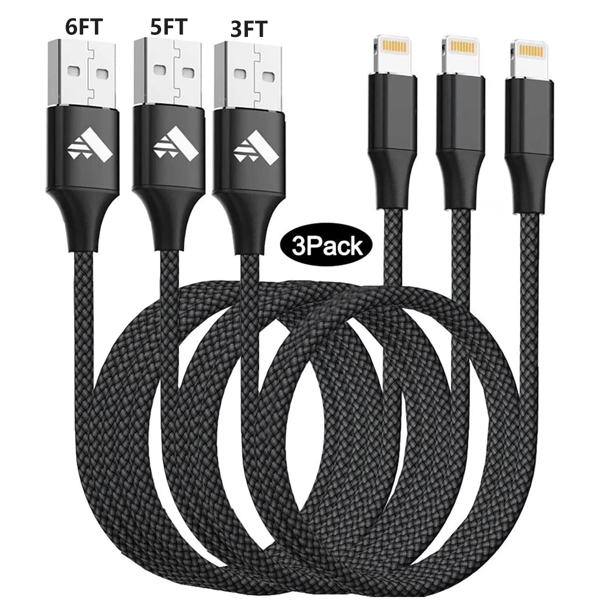 3Pack iPhone Charger Lightning Cable, Aioneus iPhone Charger Cord 3FT 5FT 6FT USB to Lightning Charging Cable Cord for iPhone 13 12 11 Pro Max XS XR X 8 7 6S 6 Plus SE 5S 5C 5 iPad/iPod, Black