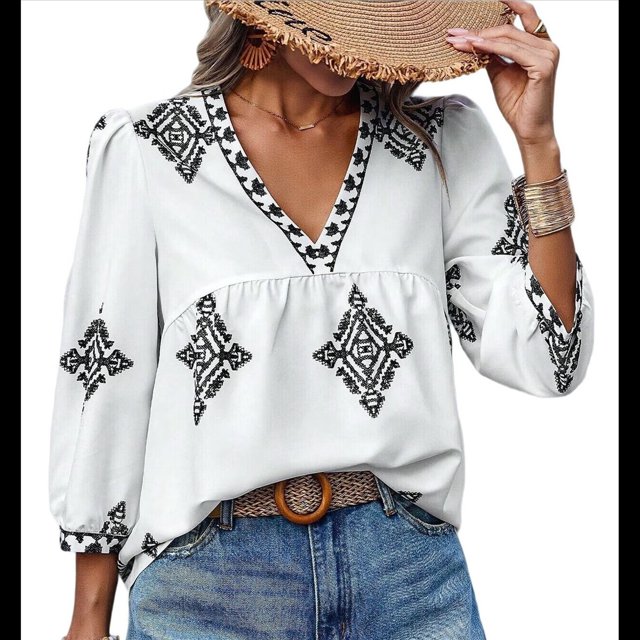 Blusas Casuales de con Cuello en V y Estampado Floral para Mujer, Blusas Bohemias de Verano con Mangas 3/4. Negro M
