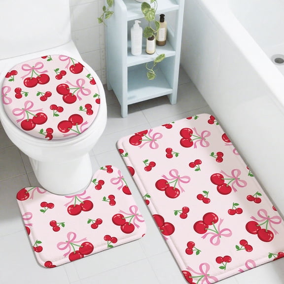 Cherry Bath Mats for Bathroom Rugs Sets 3 Piece with Toilet Lid Cover Non Slip Bath Rugs and Mats Sets Washable Toilet CarpetDIY