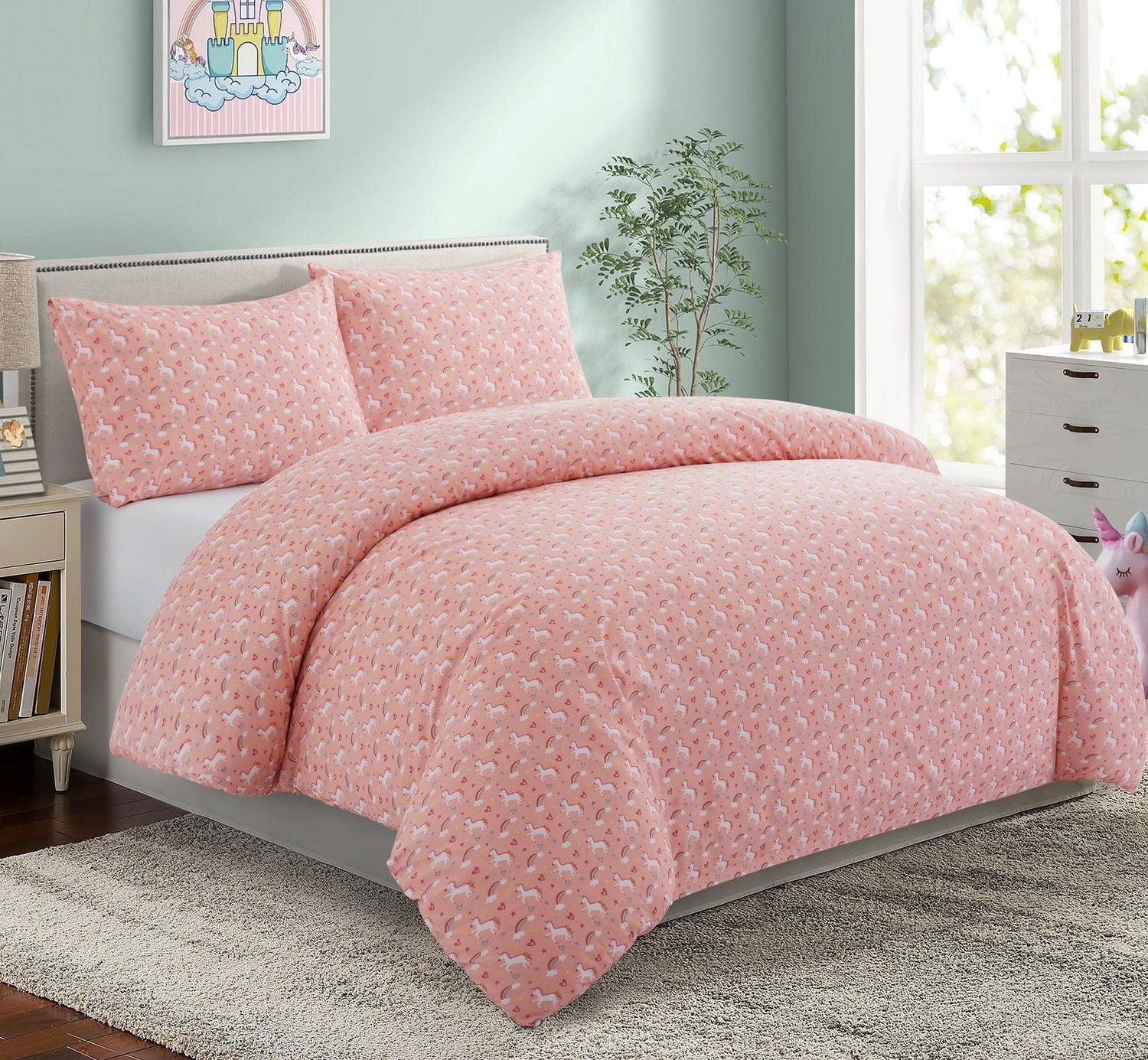 Marina Decoration Kids Girls Toddlers Cute Printed 600 Thread Count Soft Cotton Blend Percale Duvet Cover Fitted Sheet Ensemble Bedding Set, Pink Unicorn Rainbow Pattern