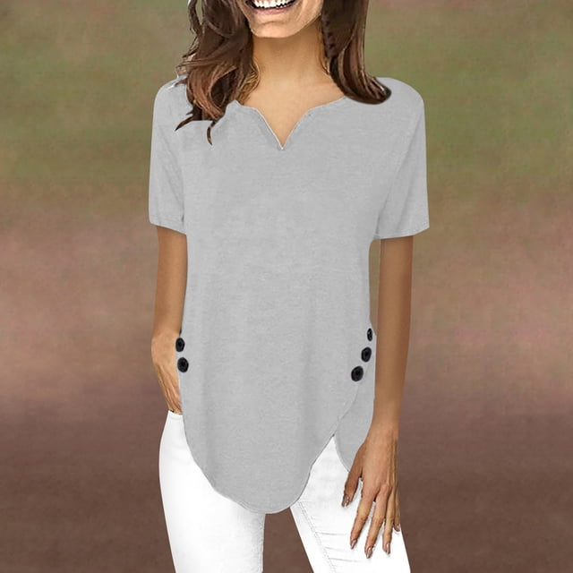 CHGBMOK Blouse à Manches Courtes Grande Taille pour Femmes Mode Décontractée T-Shirt à Manches Courtes Col en V Chandail en Molleton Hauts Blouse Col en V T-Shirt Femmes en Liquidation