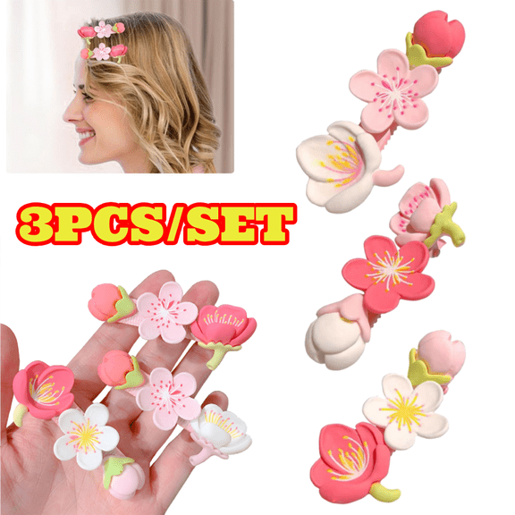 3pcs Small Peach Blossom Hair Accessories, Cute Floral Hair Claw Clips, Bangs Clips for Women and Girls