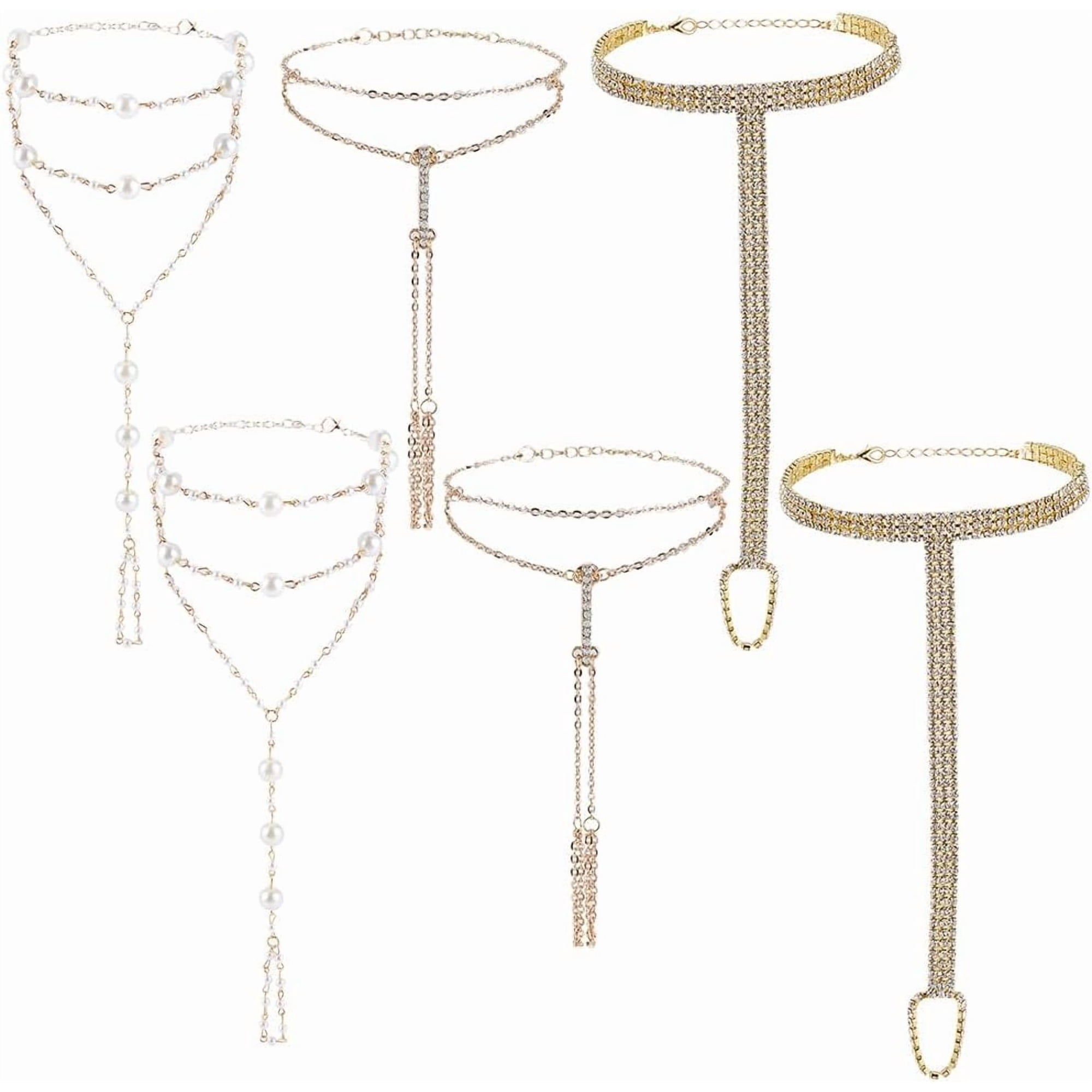 6Pcs 3 Styles Ankle Chain Barefoot Sandals Foot Jewelry Womens Alloy Boho Gold Rhinestone Pearl Summer Beach Anklets Bracelet with Toe Ring