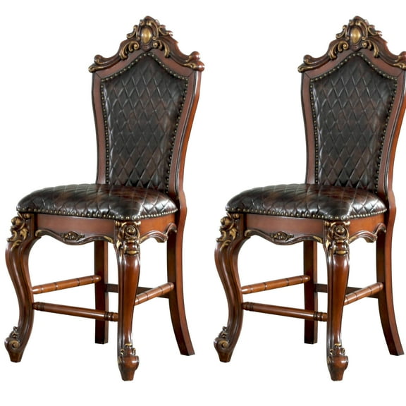 Dining Room Counter Height Side Chairs (2) - Faux Leather Upholstery, Queen Legs, Chocolate Color, Long Extended Footrest 2 Synthetic Rectangular Shape, Brown,