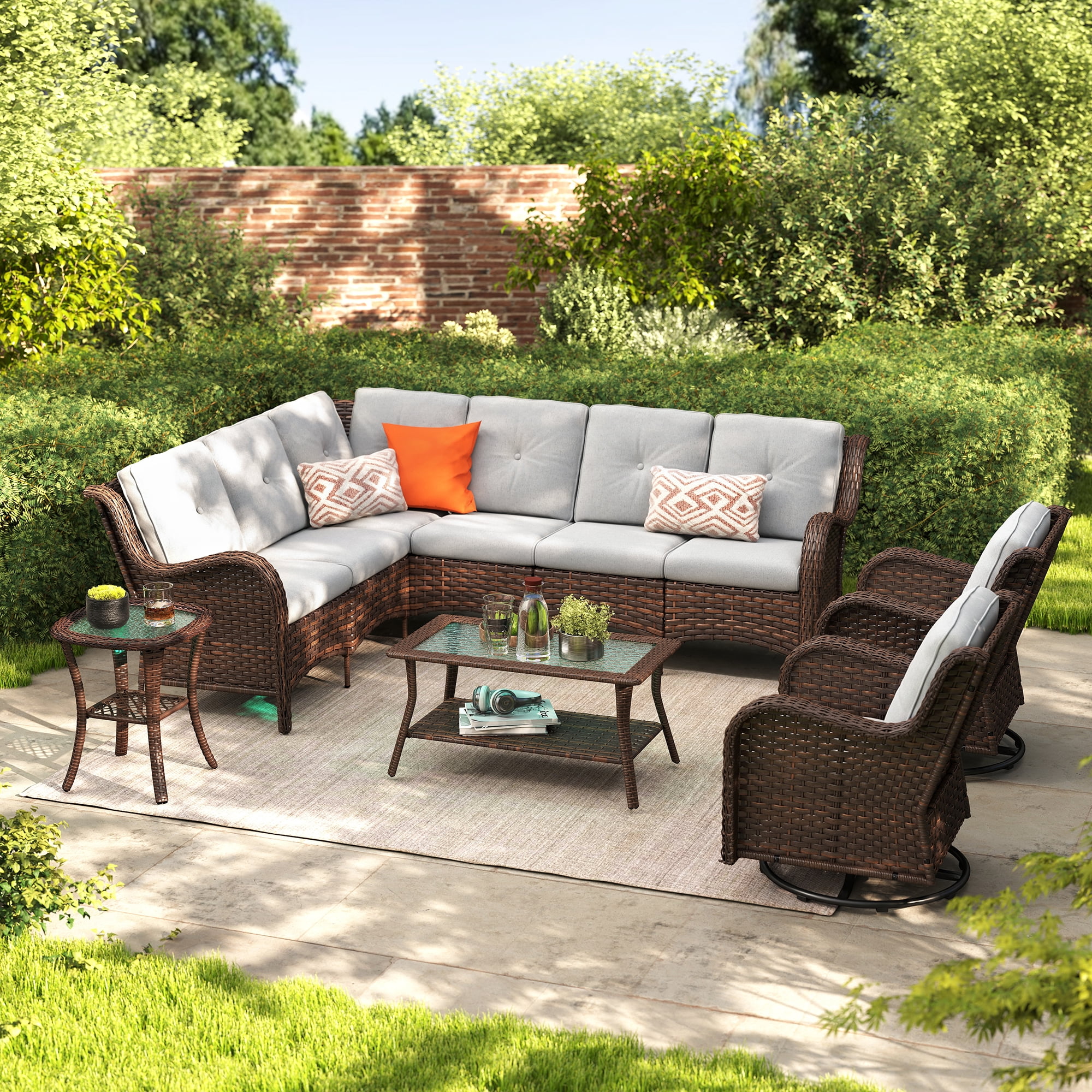 Baner Garden 10 Pieces Outdoor Patio Furniture All-Weather Wicker Sectional Conversation Set with 2 Swivel Chairs & 2 Coffee Tables